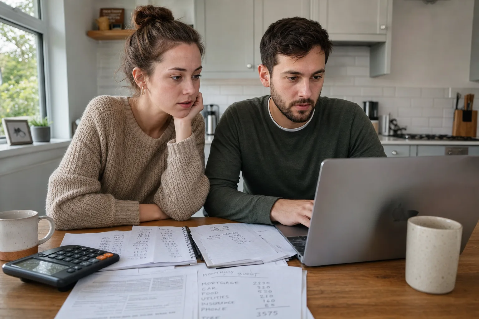 A couple going over their budget at a kitchen table
